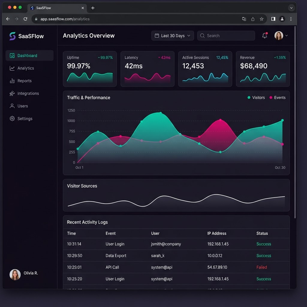Aether Core platform dashboard showing uptime, latency, and deployment analytics